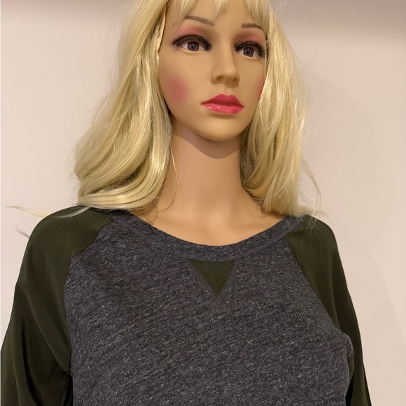 J Crew Gray Long Sleeve Knit Top with Green silk sleeves - Picture 3 of 5